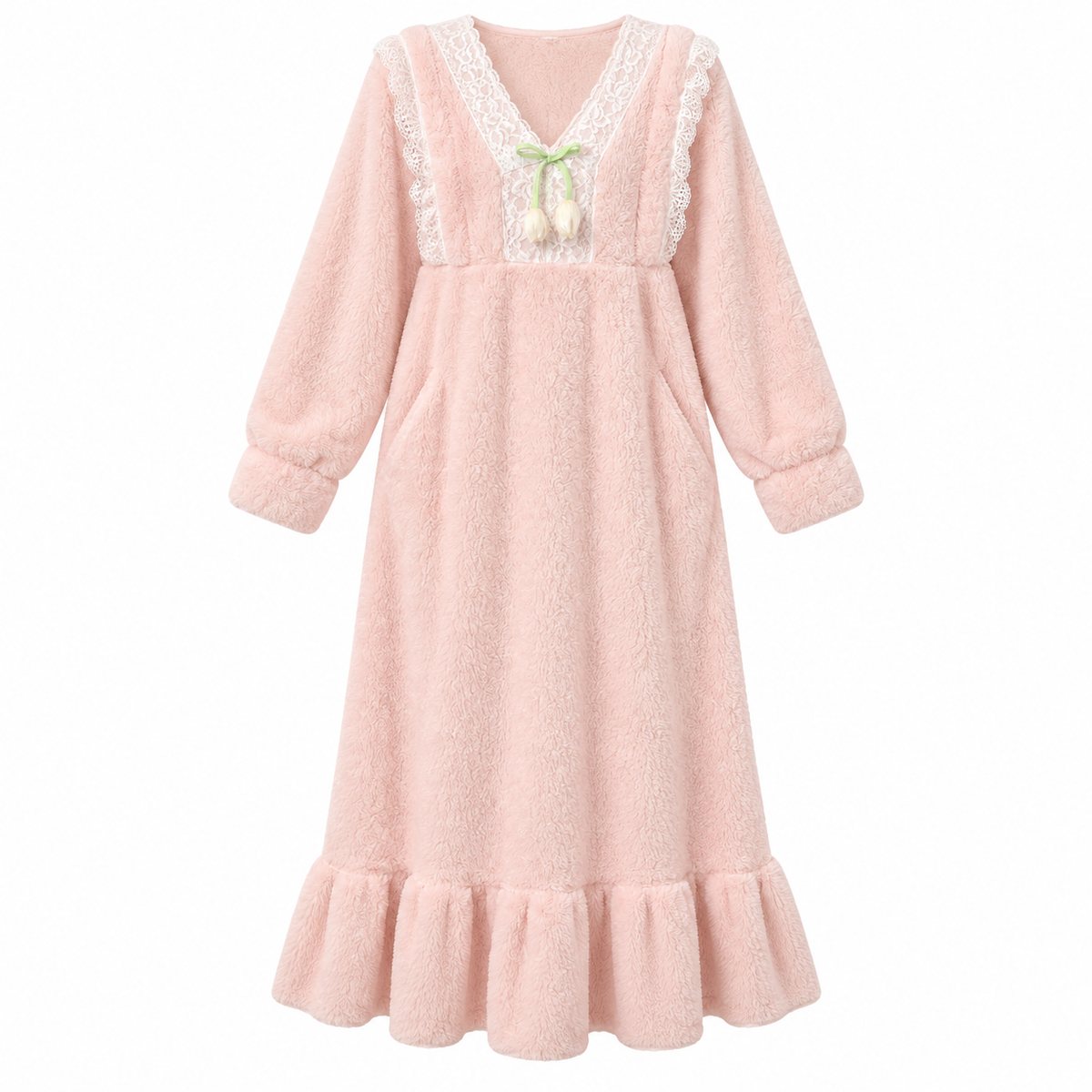 🌸 Cozy-Worthy | Flannel Fleece Fabric | Lace V-Neck Ruffled Nightgown