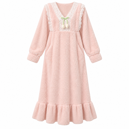 🌸 Cozy-Worthy | Flannel Fleece Fabric | Lace V-Neck Ruffled Nightgown