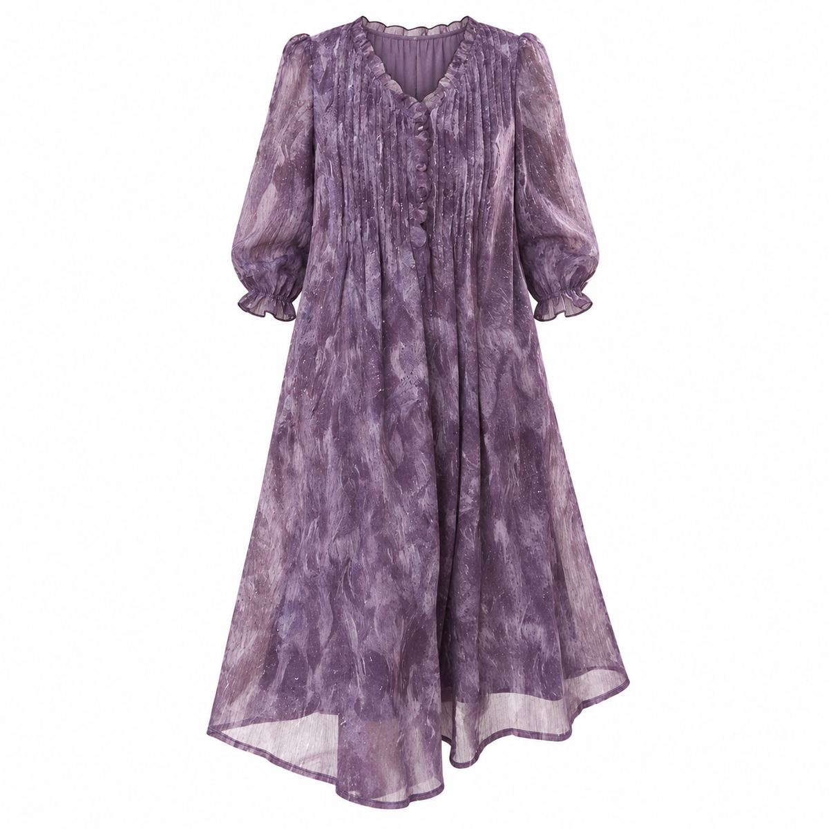 💜 Must-Have | Crinkled Chiffon Fabric | Loose V-Neck Midi Dress