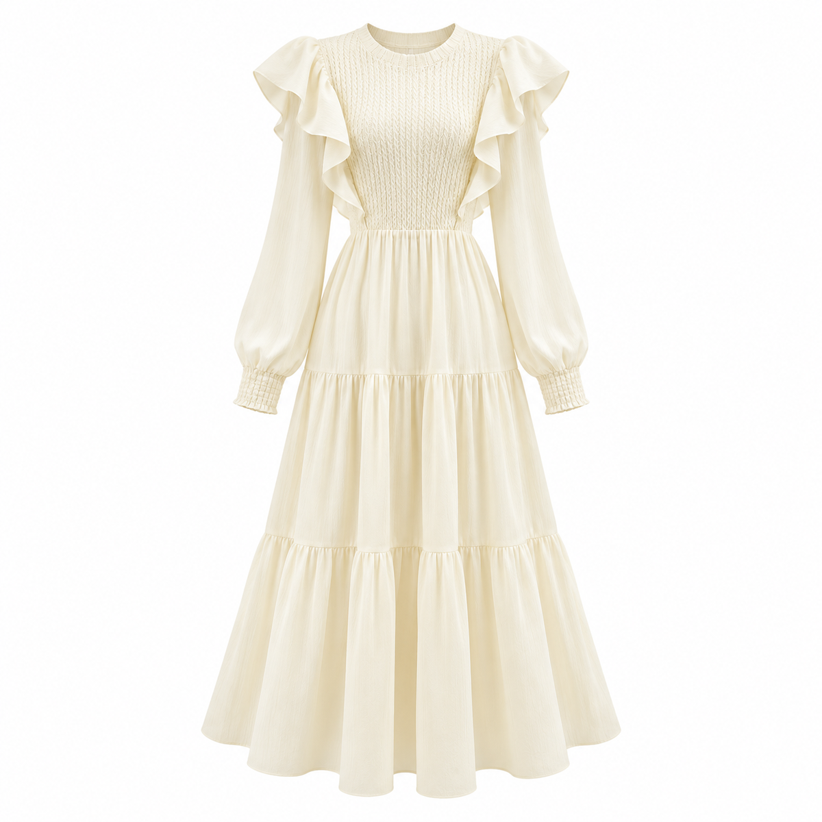 🤍 Gift-Worthy | Knit Blend Fabric | Romantic Ruffled Midi Dress