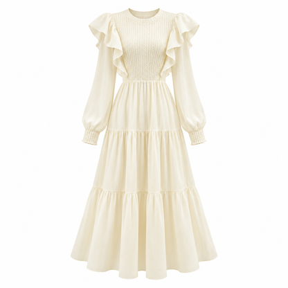 🤍 Gift-Worthy | Knit Blend Fabric | Romantic Ruffled Midi Dress
