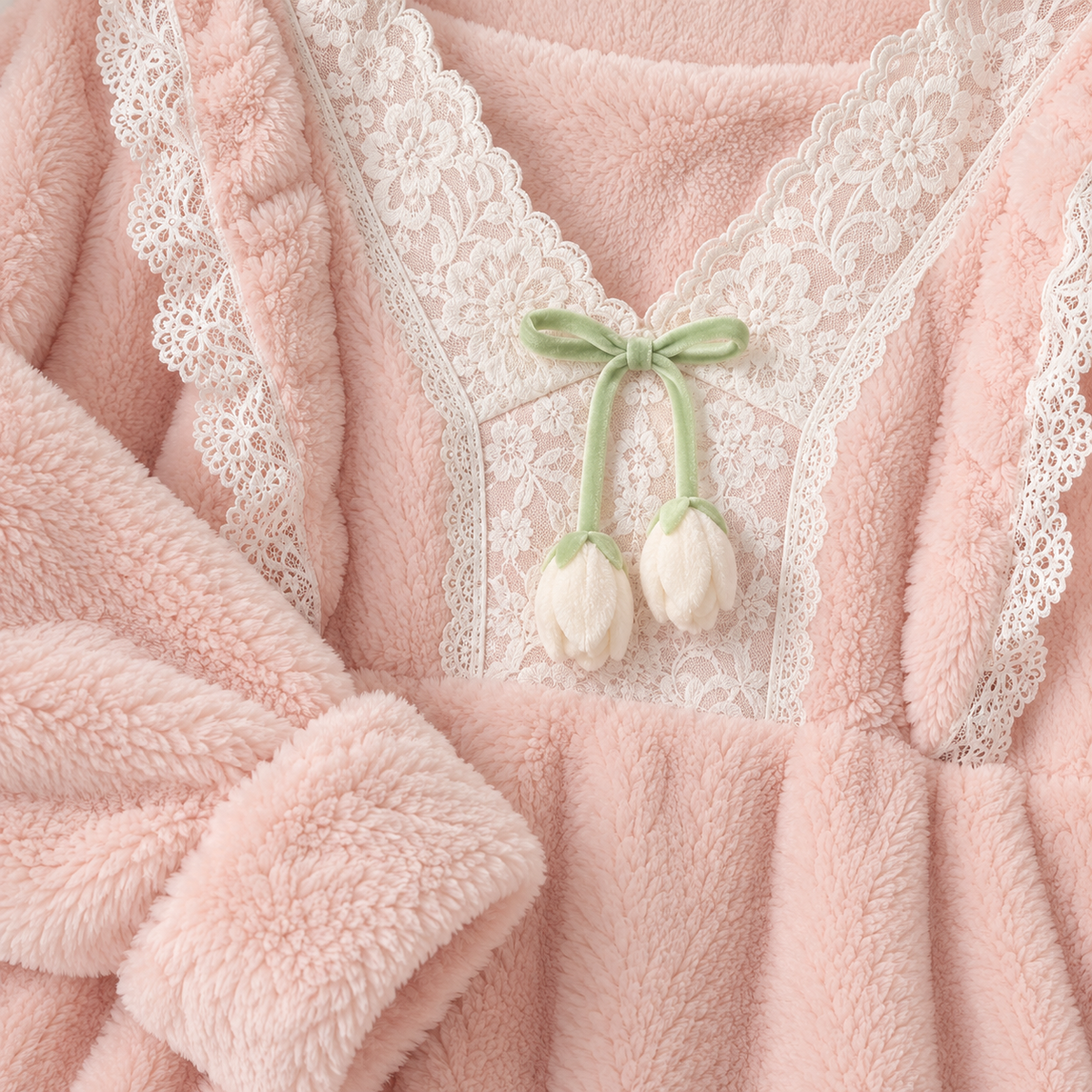 🌸 Cozy-Worthy | Flannel Fleece Fabric | Lace V-Neck Ruffled Nightgown