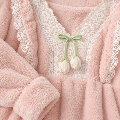 🌸 Cozy-Worthy | Flannel Fleece Fabric | Lace V-Neck Ruffled Nightgown
