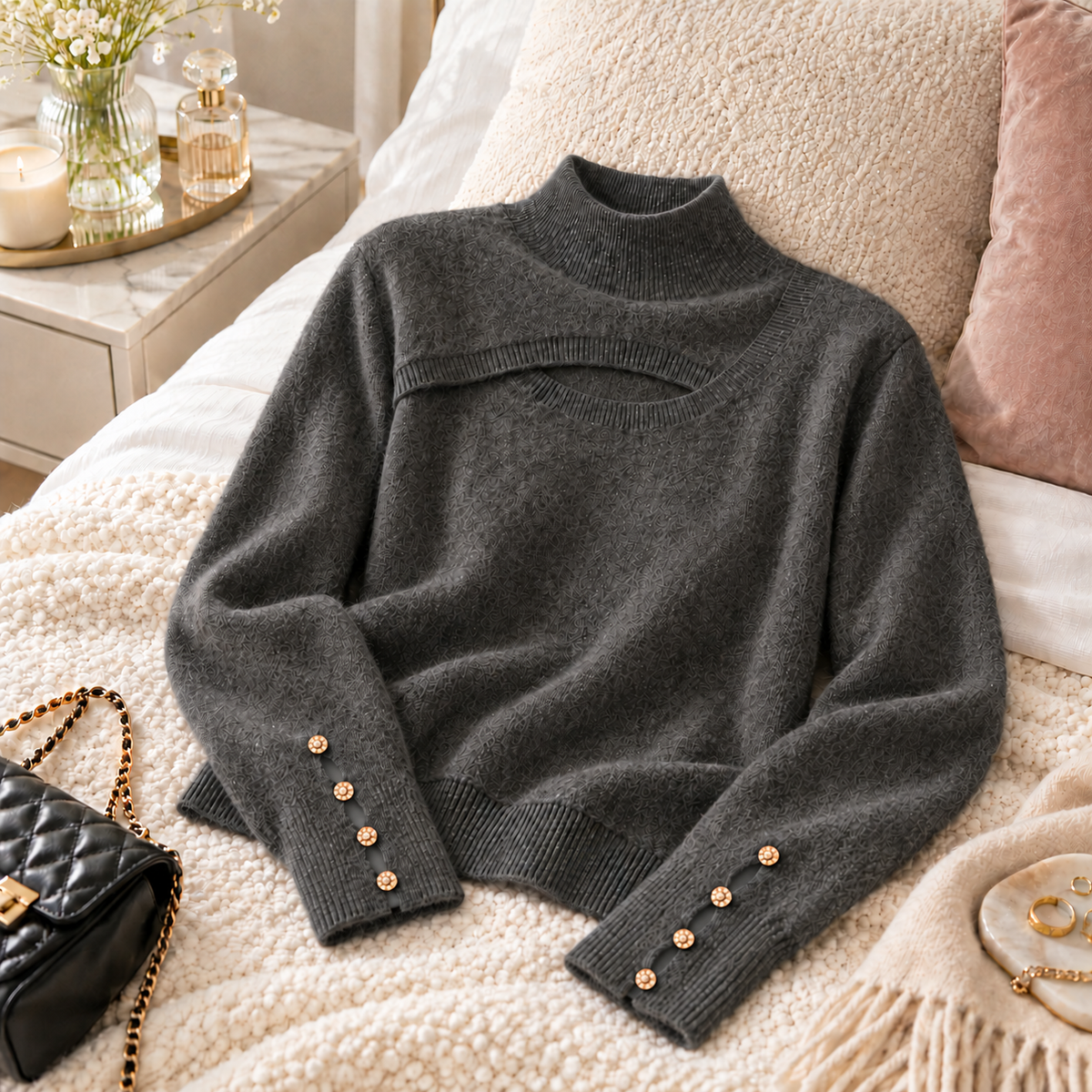 🤎 Wearable Luxury | Soft Cashmere Knit | Chic Cutout Turtleneck Top