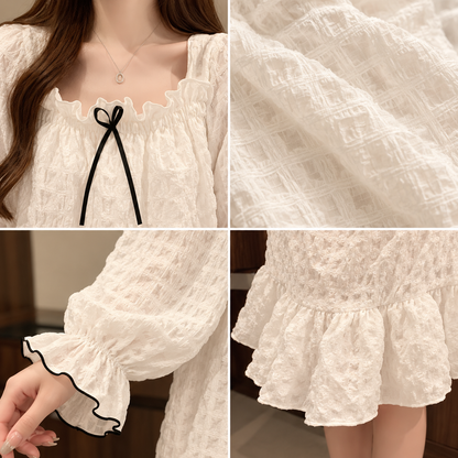 🤍 Cozy Pick | Bubble Woven Fabric | Square Neck Long Sleeve Nightgown