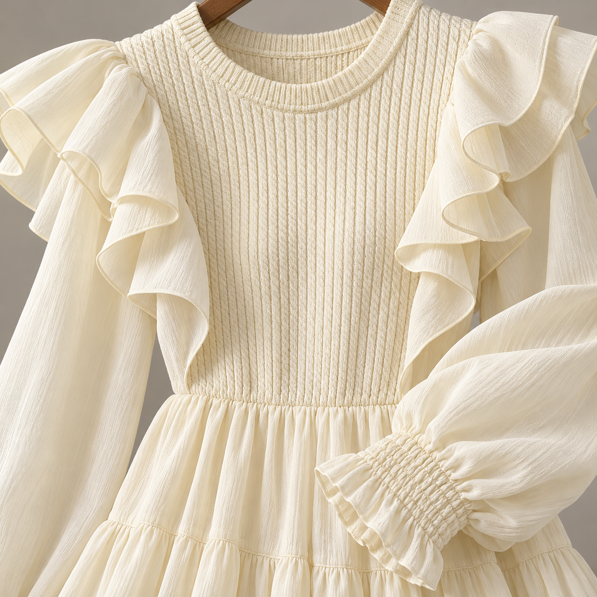 🤍 Gift-Worthy | Knit Blend Fabric | Romantic Ruffled Midi Dress