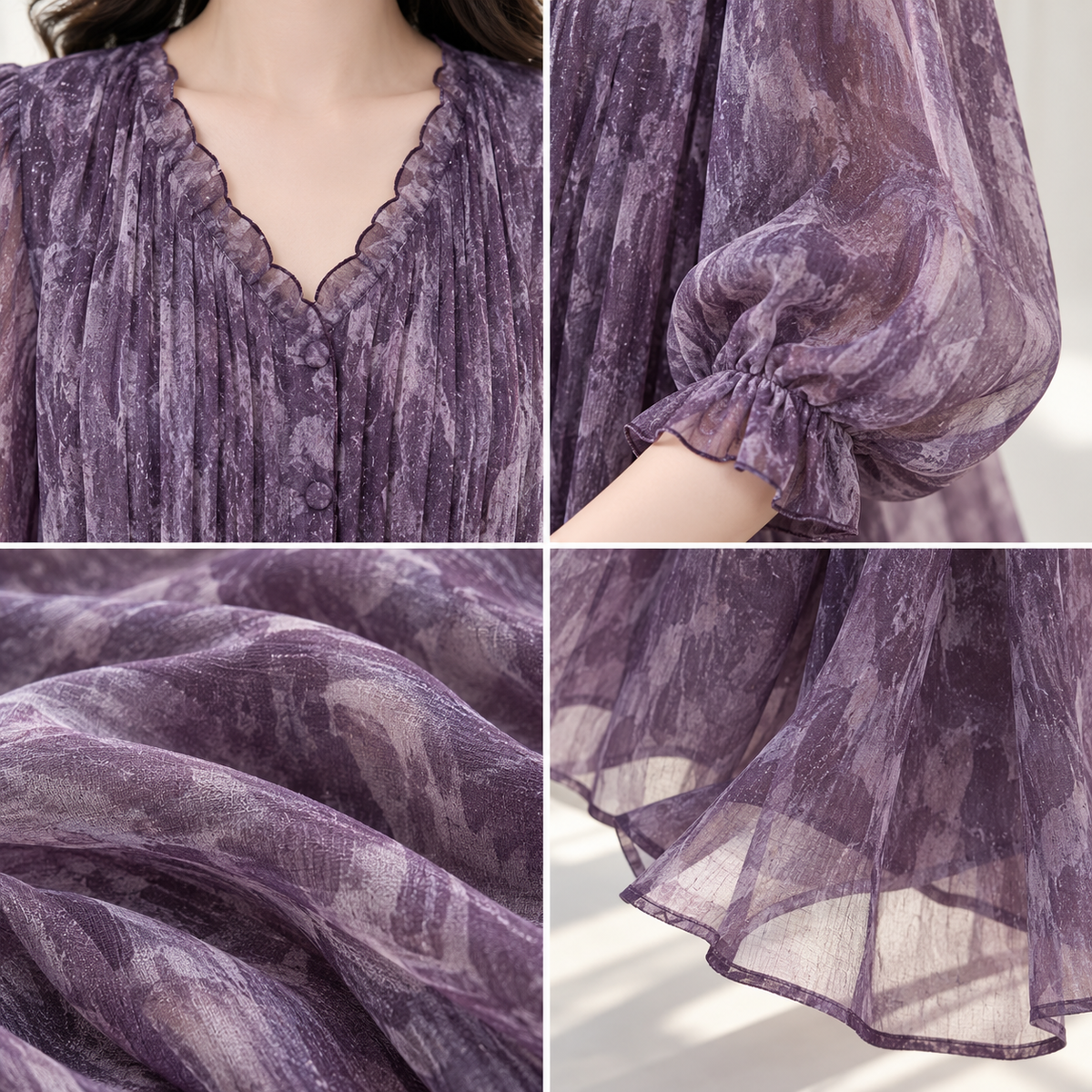 💜 Must-Have | Crinkled Chiffon Fabric | Loose V-Neck Midi Dress