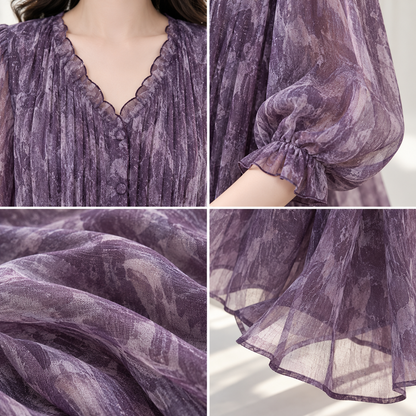 💜 Must-Have | Crinkled Chiffon Fabric | Loose V-Neck Midi Dress