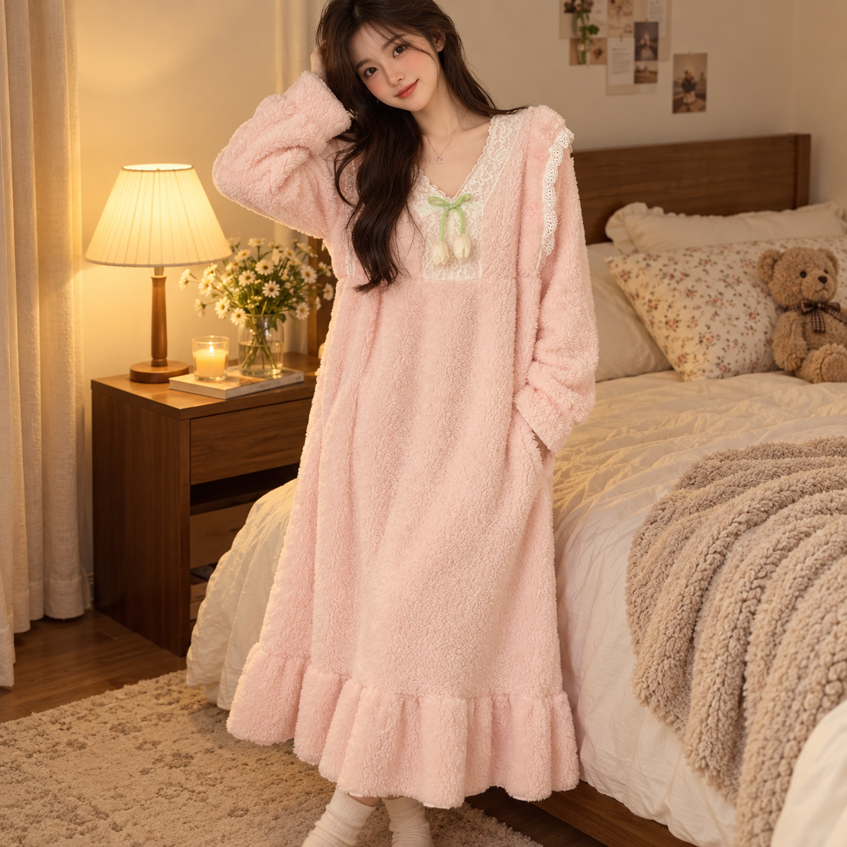 🌸 Cozy-Worthy | Flannel Fleece Fabric | Lace V-Neck Ruffled Nightgown