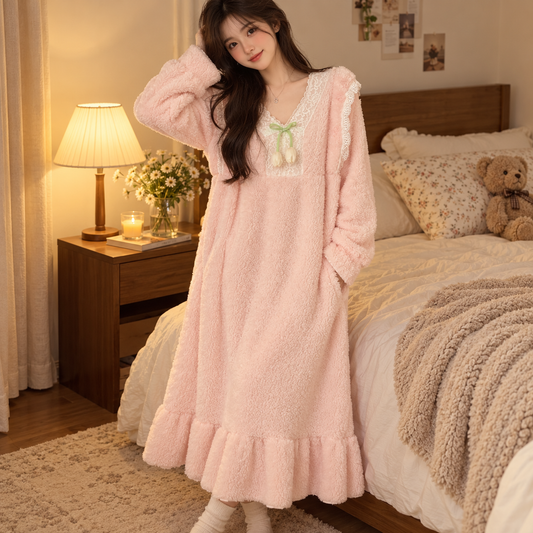 🌸 Cozy-Worthy | Flannel Fleece Fabric | Lace V-Neck Ruffled Nightgown