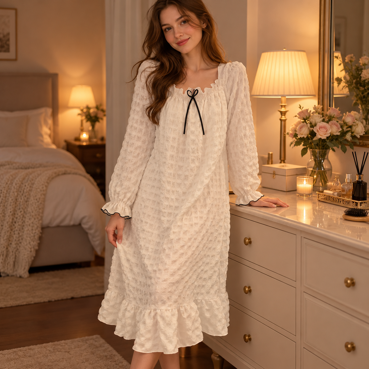 🤍 Cozy Pick | Bubble Woven Fabric | Square Neck Long Sleeve Nightgown