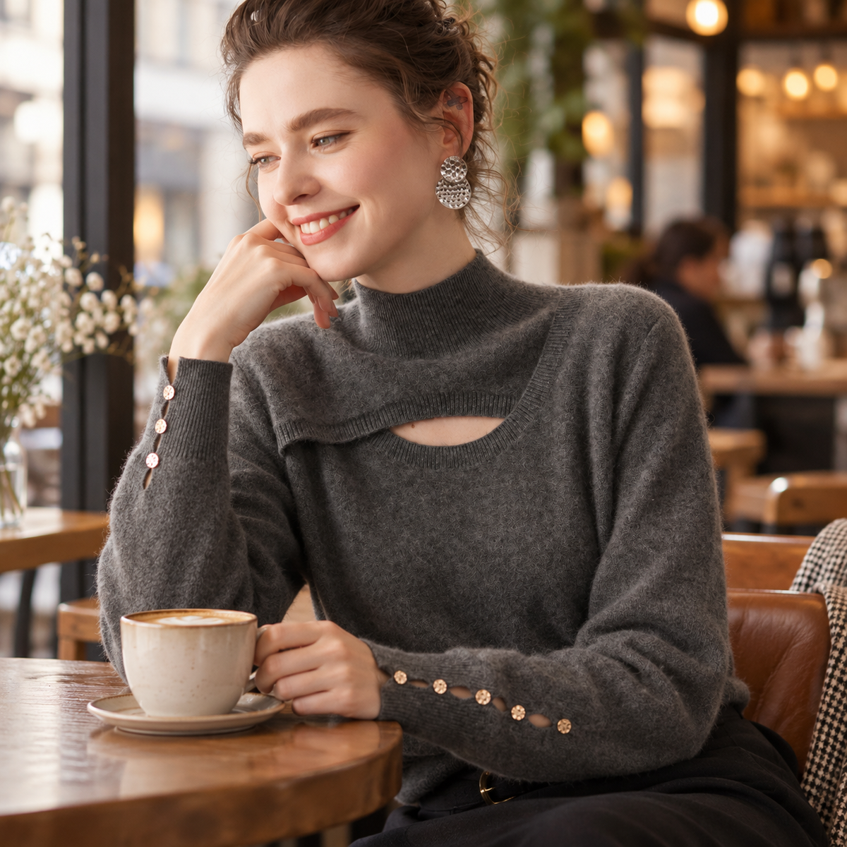 🤎 Wearable Luxury | Soft Cashmere Knit | Chic Cutout Turtleneck Top