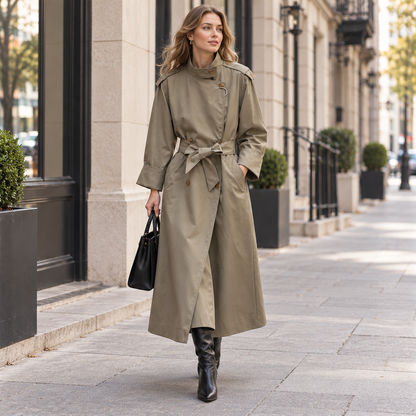 🍃 Must-Have | Twill Woven Fabric | Stand Collar Belted Long Trench Coat