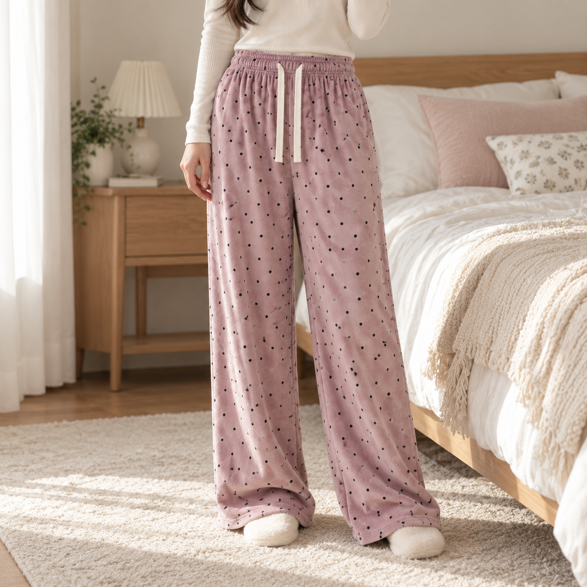 🟣 Cozy Essential | Dralon Knit Fabric | Polka Dot Straight-Leg Pants