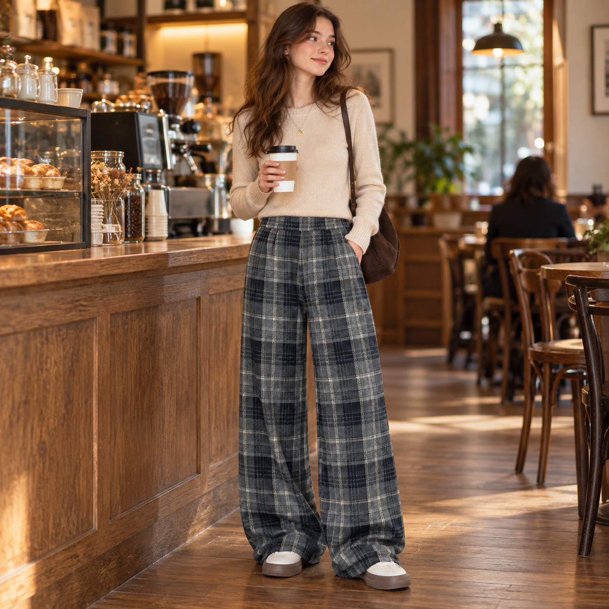 🩶 Wardrobe Staple | Woven Plaid Fabric | Retro Wide Leg Trousers