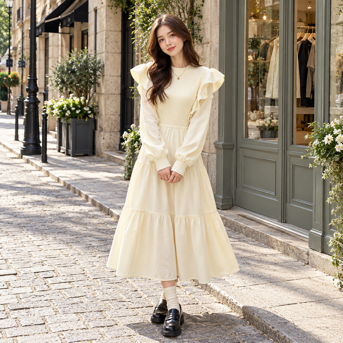 🤍 Gift-Worthy | Knit Blend Fabric | Romantic Ruffled Midi Dress