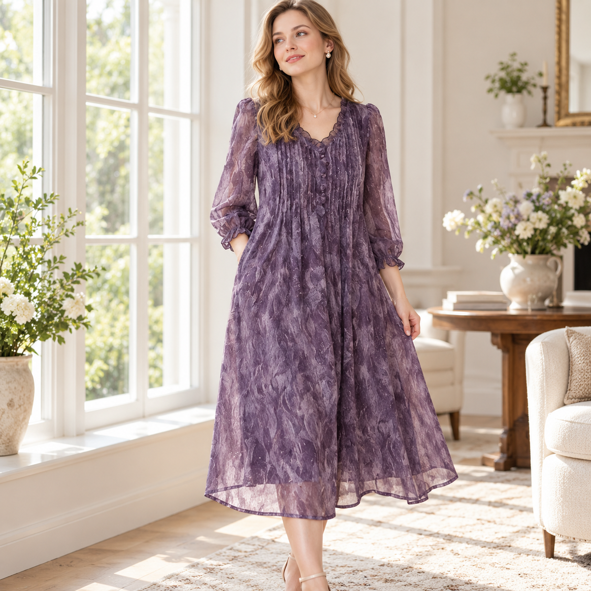 💜 Must-Have | Crinkled Chiffon Fabric | Loose V-Neck Midi Dress