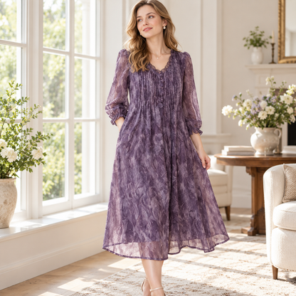 💜 Must-Have | Crinkled Chiffon Fabric | Loose V-Neck Midi Dress