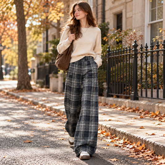 🩶 Wardrobe Staple | Woven Plaid Fabric | Retro Wide Leg Trousers