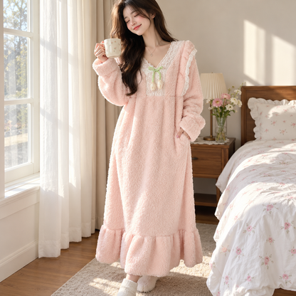 🌸 Cozy-Worthy | Flannel Fleece Fabric | Lace V-Neck Ruffled Nightgown
