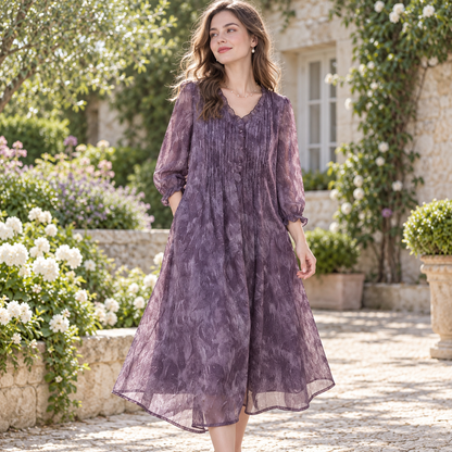 💜 Must-Have | Crinkled Chiffon Fabric | Loose V-Neck Midi Dress