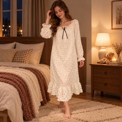 🤍 Cozy Pick | Bubble Woven Fabric | Square Neck Long Sleeve Nightgown