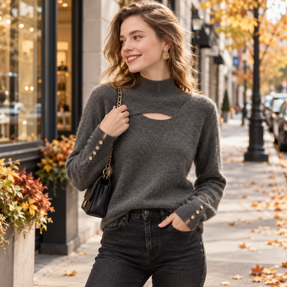 🤎 Wearable Luxury | Soft Cashmere Knit | Chic Cutout Turtleneck Top