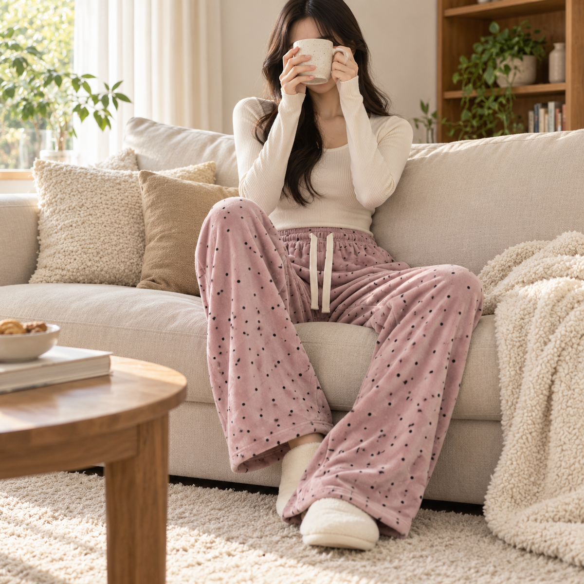 🟣 Cozy Essential | Dralon Knit Fabric | Polka Dot Straight-Leg Pants