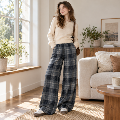 🩶 Wardrobe Staple | Woven Plaid Fabric | Retro Wide Leg Trousers