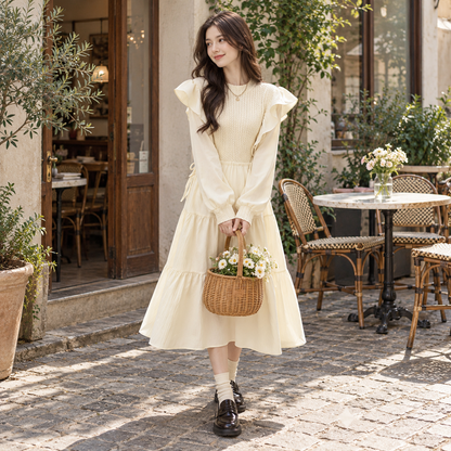 🤍 Gift-Worthy | Knit Blend Fabric | Romantic Ruffled Midi Dress