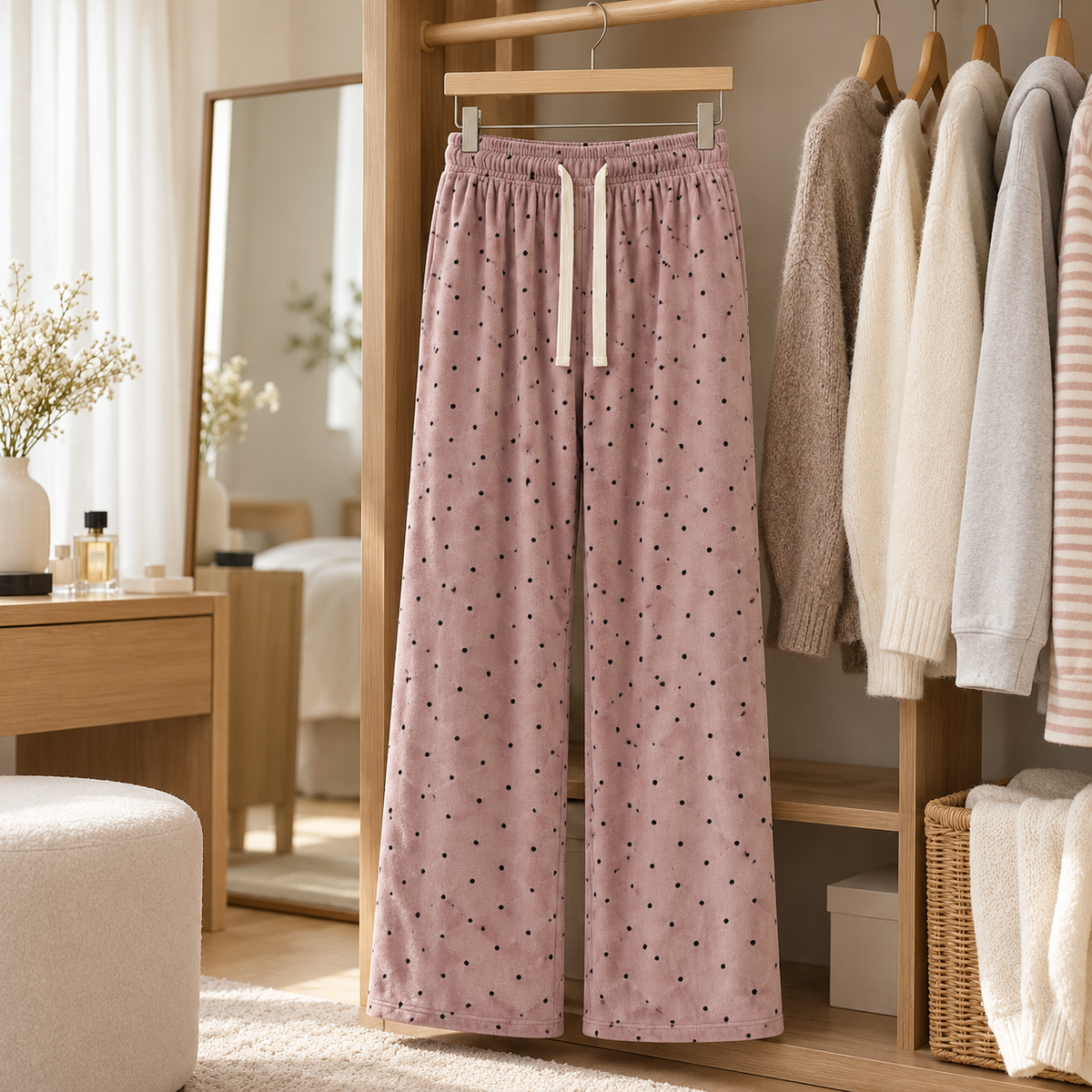 🟣 Cozy Essential | Dralon Knit Fabric | Polka Dot Straight-Leg Pants