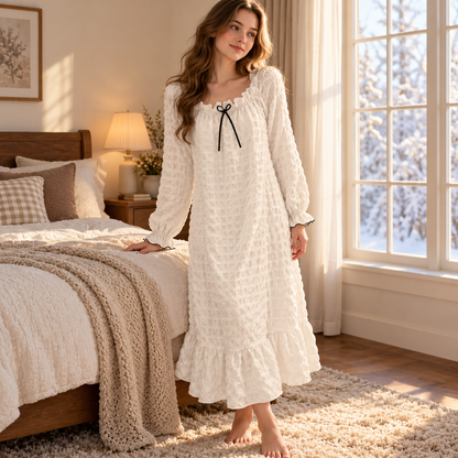 🤍 Cozy Pick | Bubble Woven Fabric | Square Neck Long Sleeve Nightgown