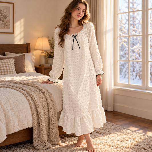 🤍 Cozy Pick | Bubble Woven Fabric | Square Neck Long Sleeve Nightgown