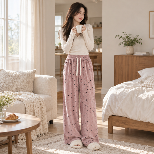 🟣 Cozy Essential | Dralon Knit Fabric | Polka Dot Straight-Leg Pants