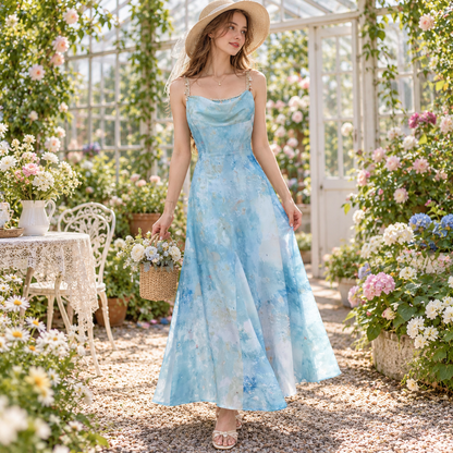 💫 Dreamy Pick | Satin Chiffon Fabric | French Watercolor Slip Midi Dress