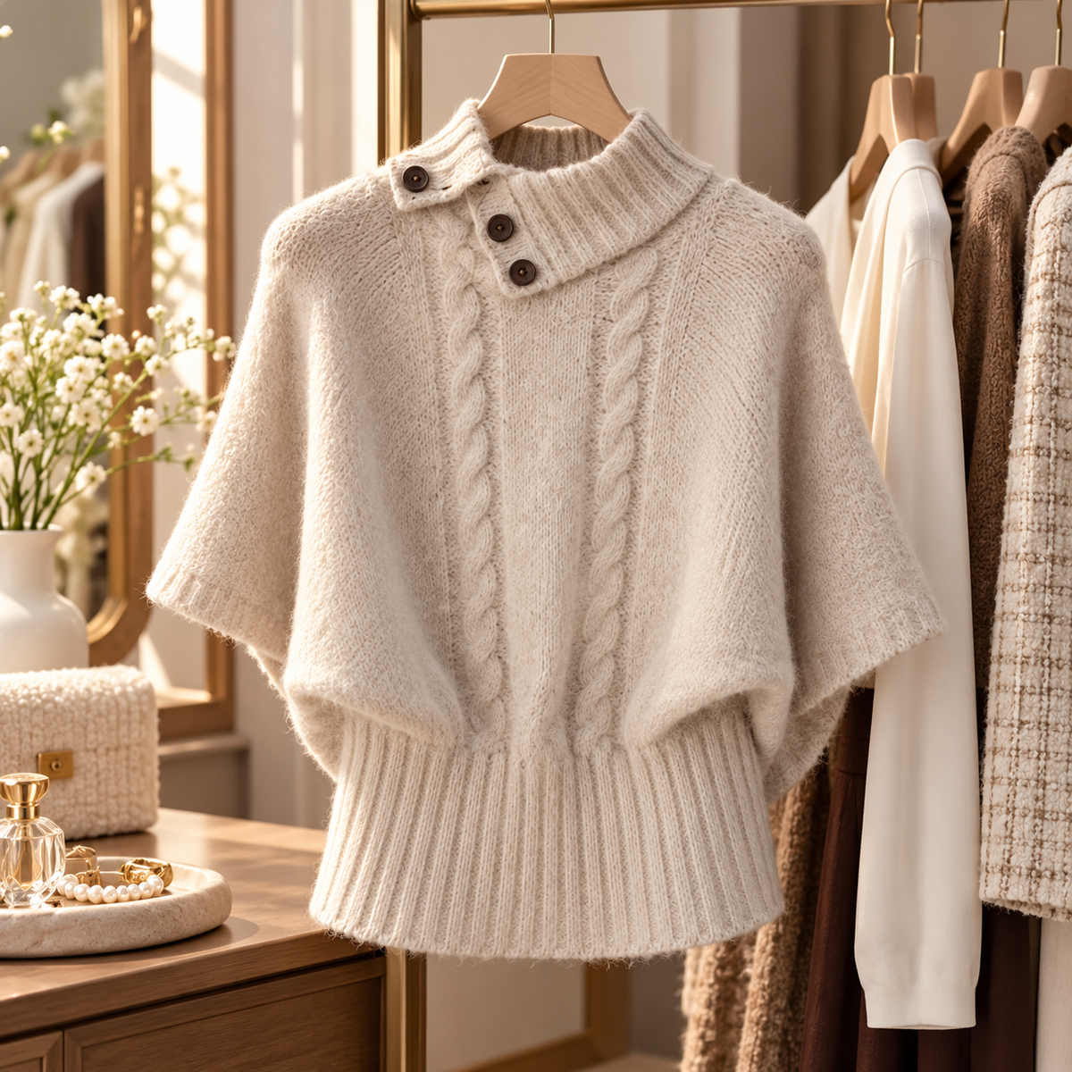 🤍 Luxe Statement | Soft Knit Fabric | Elegant Cape Sweater Top