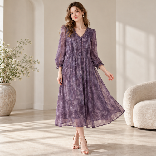 💜 Must-Have | Crinkled Chiffon Fabric | Loose V-Neck Midi Dress