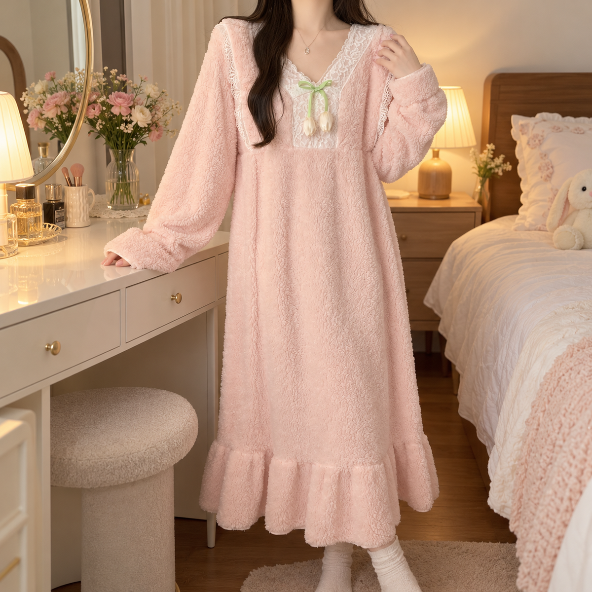 🌸 Cozy-Worthy | Flannel Fleece Fabric | Lace V-Neck Ruffled Nightgown