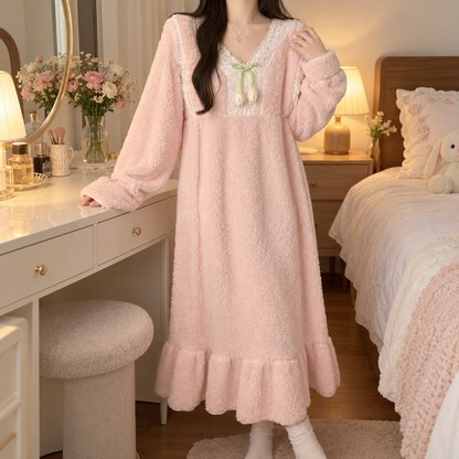 🌸 Cozy-Worthy | Flannel Fleece Fabric | Lace V-Neck Ruffled Nightgown
