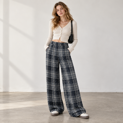 🩶 Wardrobe Staple | Woven Plaid Fabric | Retro Wide Leg Trousers