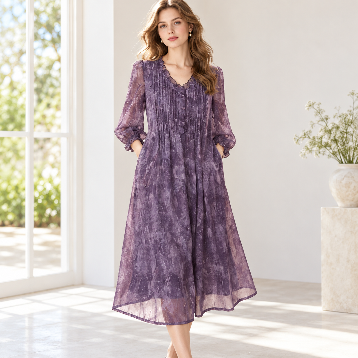 💜 Must-Have | Crinkled Chiffon Fabric | Loose V-Neck Midi Dress