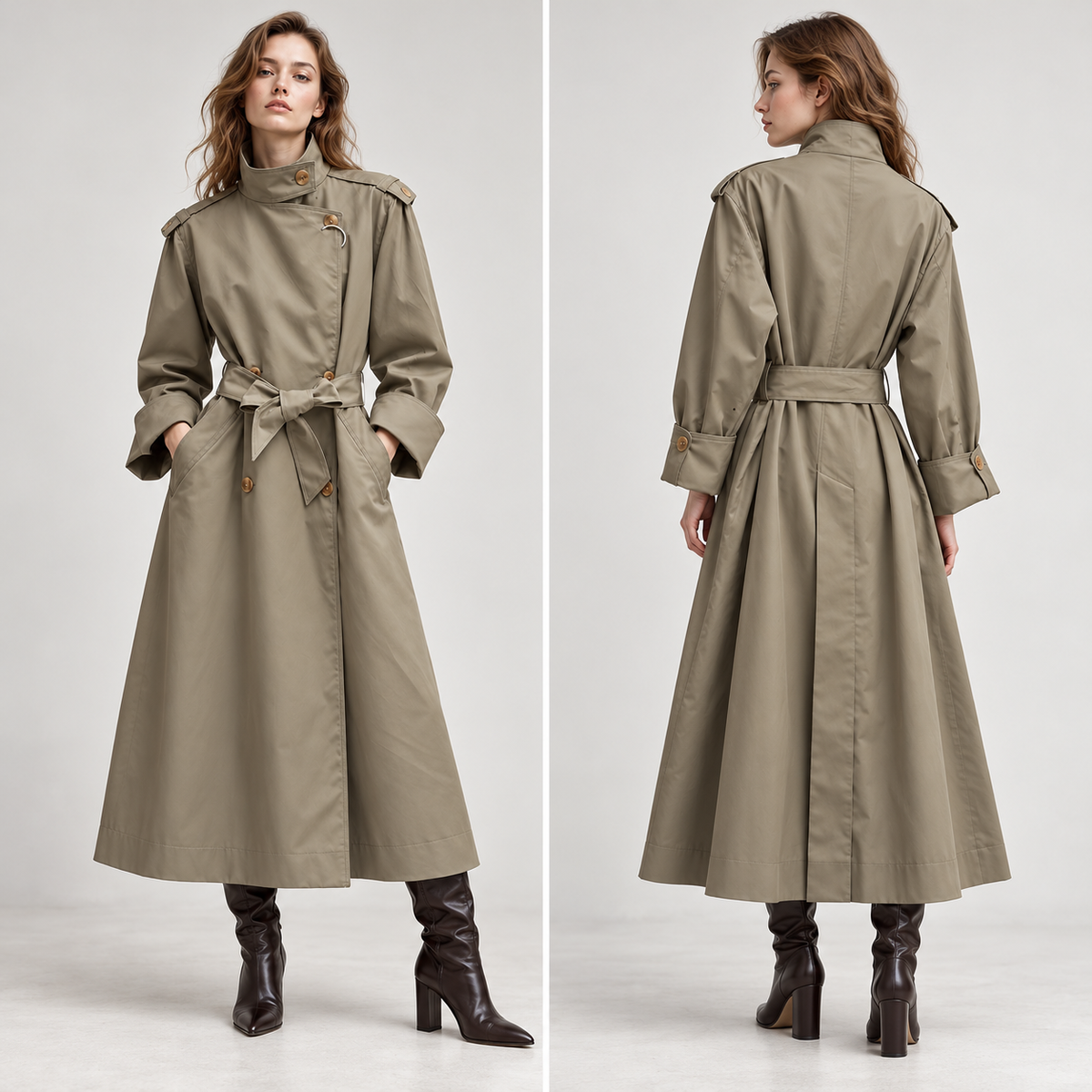 🍃 Must-Have | Twill Woven Fabric | Stand Collar Belted Long Trench Coat