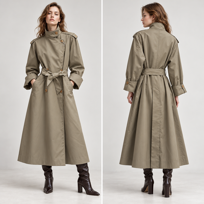 🍃 Must-Have | Twill Woven Fabric | Stand Collar Belted Long Trench Coat