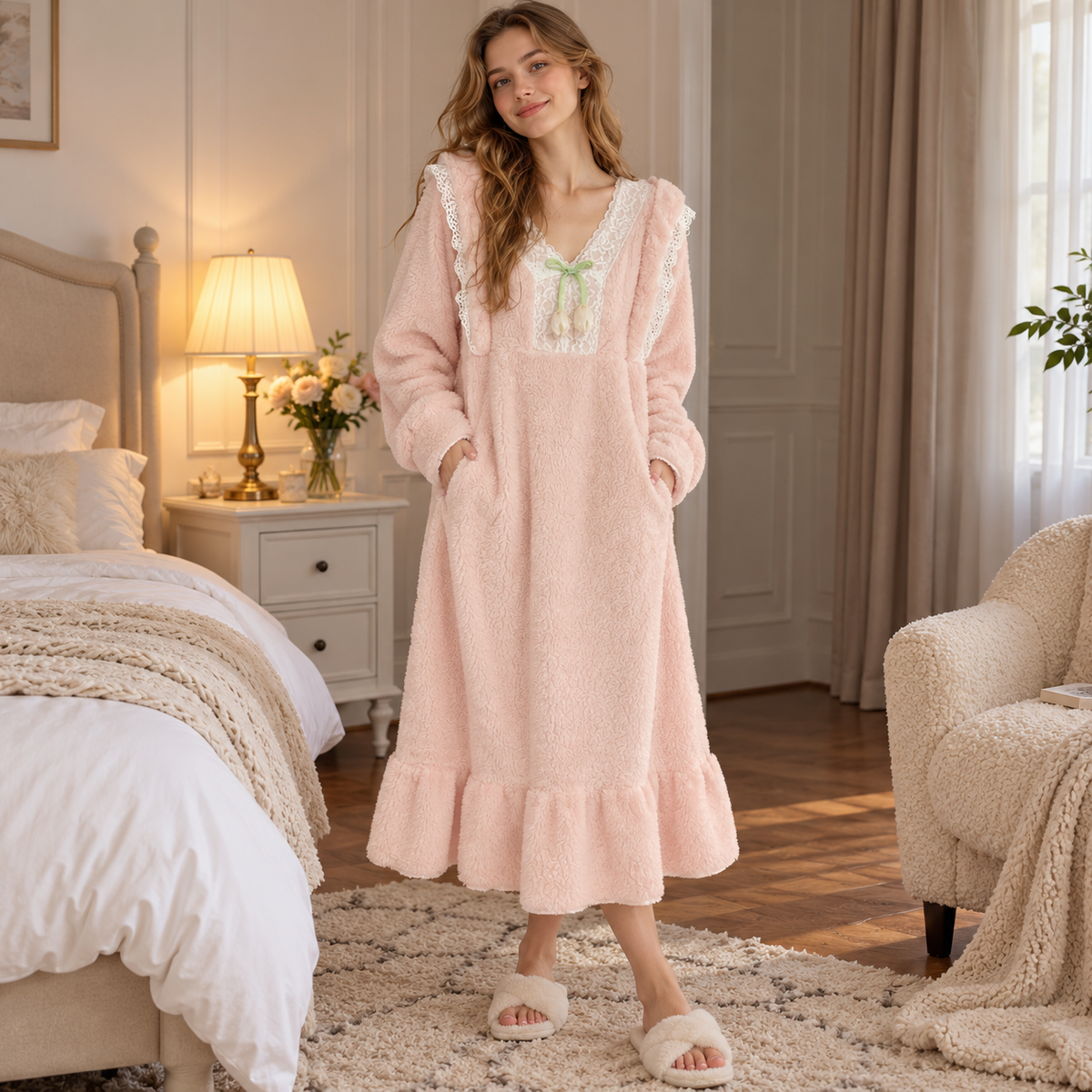 🌸 Cozy-Worthy | Flannel Fleece Fabric | Lace V-Neck Ruffled Nightgown