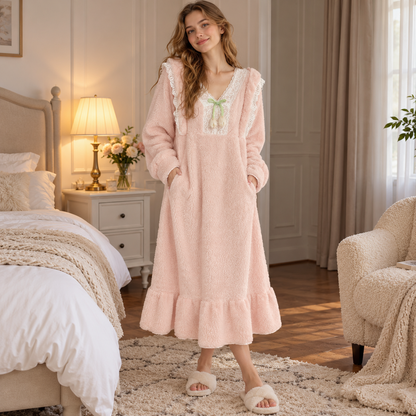 🌸 Cozy-Worthy | Flannel Fleece Fabric | Lace V-Neck Ruffled Nightgown