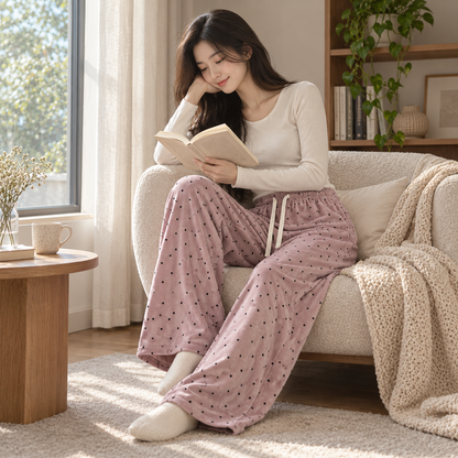🟣 Cozy Essential | Dralon Knit Fabric | Polka Dot Straight-Leg Pants