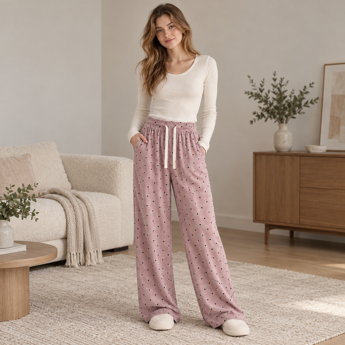 🟣 Cozy Essential | Dralon Knit Fabric | Polka Dot Straight-Leg Pants